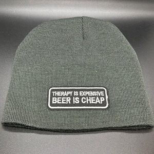 Gray therapy is expensive Beer is cheap patch beanie.